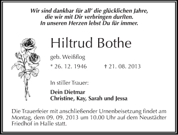 Traueranzeige von Hiltrud Bothe von Mitteldeutsche Zeitung Halle/Saalkreis