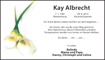 Traueranzeige von Kay Albrecht von Mitteldeutsche Zeitung Quedlinburg