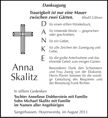Traueranzeige von Anna Skalitz von Mitteldeutsche Zeitung Sangerhausen