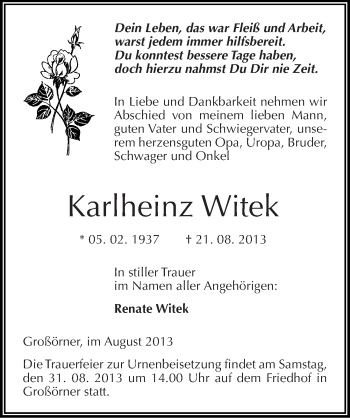 Traueranzeige von Karlheinz Witek von Mitteldeutsche Zeitung Mansfelder Land