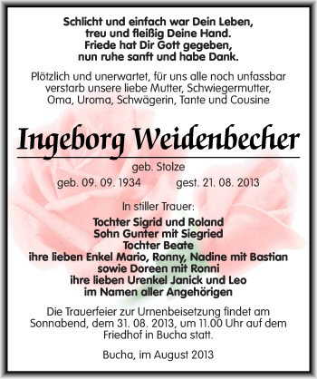 Traueranzeige von Ingeborg Weidenbecher von Mitteldeutsche Zeitung Naumburg/Nebra