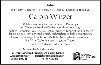 Traueranzeige von Carola Winzer von Mitteldeutsche Zeitung Merseburg/Querfurt
