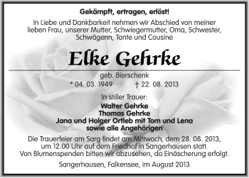 Traueranzeige von Elke Gehrke von Mitteldeutsche Zeitung Sangerhausen