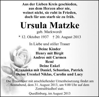 Traueranzeige von Ursula Matzke von Mitteldeutsche Zeitung Quedlinburg