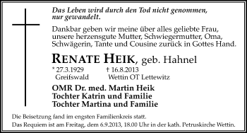 Traueranzeige von Renate Heik von Mitteldeutsche Zeitung Halle/Saalkreis