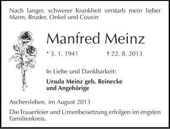 Traueranzeige von Manfred Meinz von Mitteldeutsche Zeitung Aschersleben