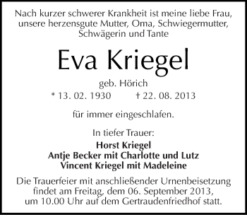 Traueranzeige von Eva Kriegel von Mitteldeutsche Zeitung Halle/Saalkreis