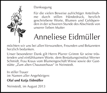Traueranzeige von Anneliese Eidmüller von Mitteldeutsche Zeitung Quedlinburg
