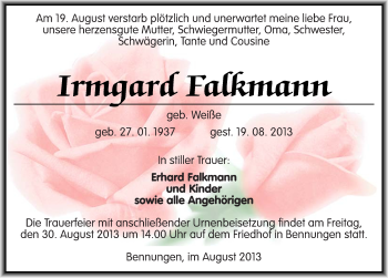 Traueranzeige von Irmgard Falkmann von Mitteldeutsche Zeitung Sangerhausen