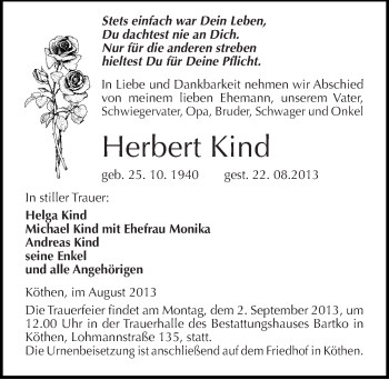Traueranzeige von Herbert Kind von Mitteldeutsche Zeitung Köthen