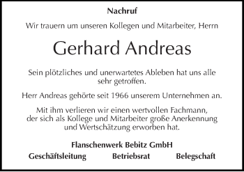 Traueranzeige von Gerhard Andreas von Mitteldeutsche Zeitung Bernburg