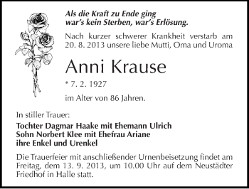 Traueranzeige von Anni Krause von Mitteldeutsche Zeitung Halle/Saalkreis