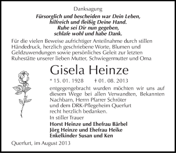 Traueranzeige von Gisela Heinze von Mitteldeutsche Zeitung Merseburg/Querfurt