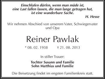Traueranzeige von Reiner Pawlak von Mitteldeutsche Zeitung Halle/Saalkreis