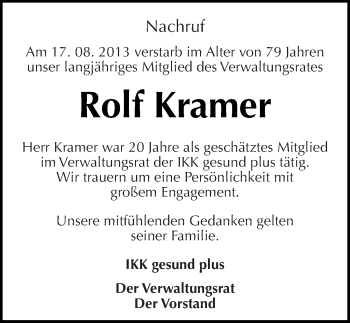 Traueranzeige von Rolf Kramer von Mitteldeutsche Zeitung Naumburg/Nebra