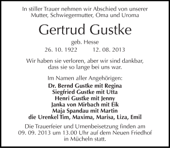 Traueranzeige von Gertrud Gustke von Mitteldeutsche Zeitung Merseburg/Querfurt