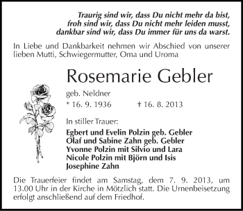Traueranzeige von Rosemarie Gebler von Mitteldeutsche Zeitung Halle/Saalkreis