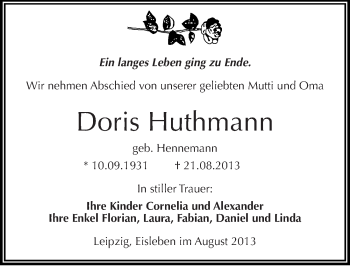 Traueranzeige von Doris Huthmann von Mitteldeutsche Zeitung Mansfelder Land