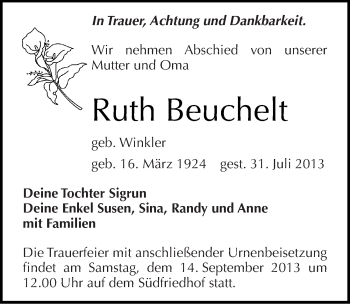 Traueranzeige von Ruth Beuchelt von Mitteldeutsche Zeitung Halle/Saalkreis