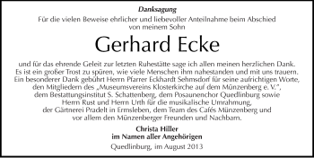 Traueranzeige von Gerhard Ecke von Mitteldeutsche Zeitung Quedlinburg