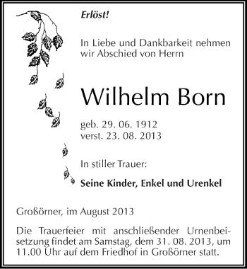 Traueranzeige von Wilhelm Born von Mitteldeutsche Zeitung Mansfelder Land