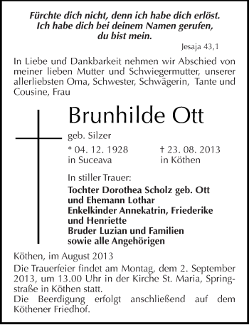 Traueranzeige von Brunhilde Ott von Mitteldeutsche Zeitung Köthen