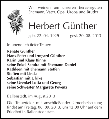 Traueranzeige von Herbert Günther von Mitteldeutsche Zeitung Quedlinburg