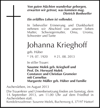 Traueranzeige von Johanna Krieghoff von Mitteldeutsche Zeitung Aschersleben