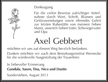 Traueranzeige von Axel Gebbert von Mitteldeutsche Zeitung Aschersleben