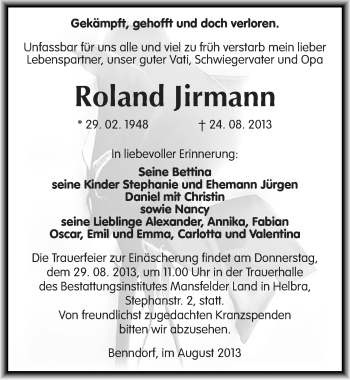 Traueranzeige von Roland Jirmann von Mitteldeutsche Zeitung Mansfelder Land