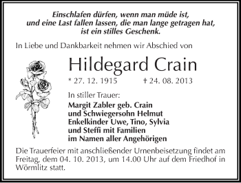 Traueranzeige von Hildegard Crain von Mitteldeutsche Zeitung Halle/Saalkreis