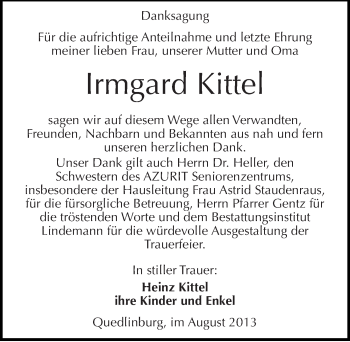 Traueranzeige von Irmgard Kittel von Mitteldeutsche Zeitung Quedlinburg