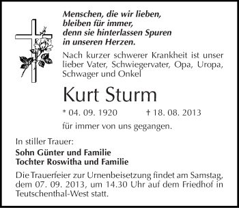 Traueranzeige von Kurt Sturm von Mitteldeutsche Zeitung Halle/Saalkreis