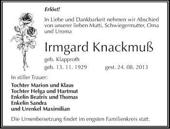 Traueranzeige von Irmgard Knackmuß von Mitteldeutsche Zeitung Halle/Saalkreis