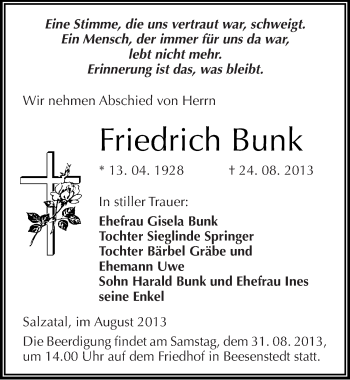 Traueranzeige von Friedrich Bunk von Mitteldeutsche Zeitung Halle/Saalkreis