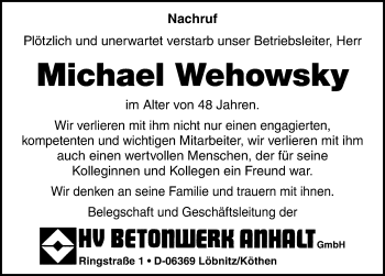 Traueranzeige von Michael Wehowsky von Mitteldeutsche Zeitung