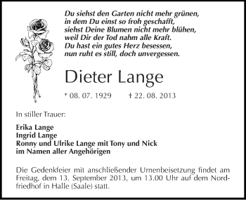 Traueranzeige von Dieter Lange von Mitteldeutsche Zeitung Halle/Saalkreis