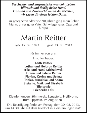 Traueranzeige von Martin Reitter von Mitteldeutsche Zeitung Sangerhausen