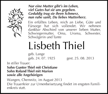 Traueranzeige von Lisbeth Thiel von Mitteldeutsche Zeitung Naumburg/Nebra