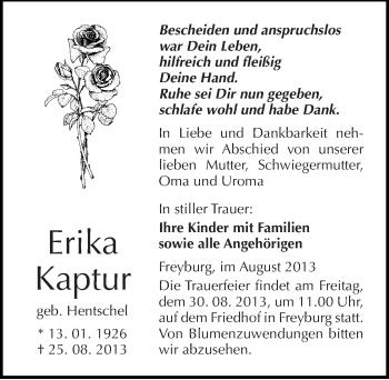 Traueranzeige von Erika Kaptur von Mitteldeutsche Zeitung Naumburg/Nebra