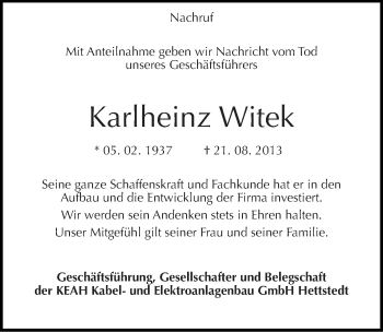 Traueranzeige von Karlheinz Witek von Mitteldeutsche Zeitung Mansfelder Land
