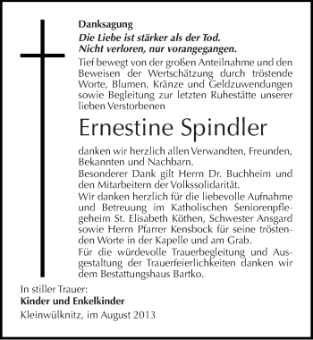 Traueranzeige von Ernestine Spindler von Mitteldeutsche Zeitung Köthen