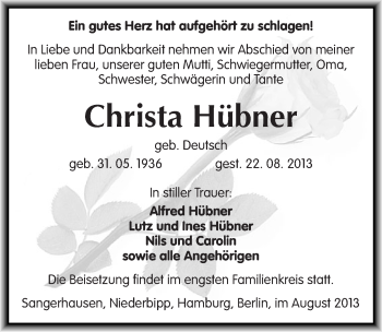 Traueranzeige von Christa Hübner von Mitteldeutsche Zeitung Sangerhausen