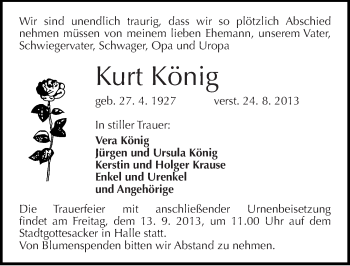 Traueranzeige von Kurt König von Mitteldeutsche Zeitung Halle/Saalkreis