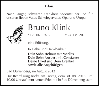 Traueranzeige von Bruno Klink von Mitteldeutsche Zeitung Merseburg/Querfurt