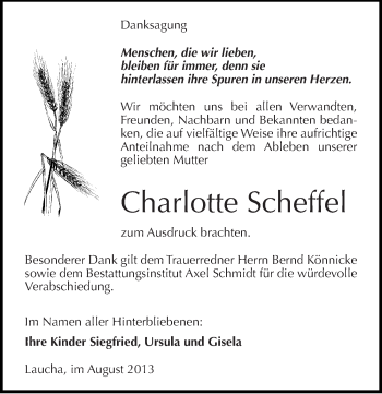 Traueranzeige von Charlotte Scheffel von Mitteldeutsche Zeitung Naumburg/Nebra