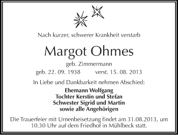 Traueranzeige von Margot Ohmes von Mitteldeutsche Zeitung Bitterfeld