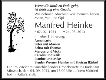 Traueranzeige von Manfred Heinke von Mitteldeutsche Zeitung Halle/Saalkreis