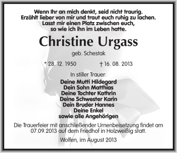 Traueranzeige von Christine Urgass von Mitteldeutsche Zeitung Bitterfeld