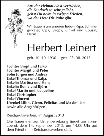 Traueranzeige von Herbert Leinert von Mitteldeutsche Zeitung Weißenfels